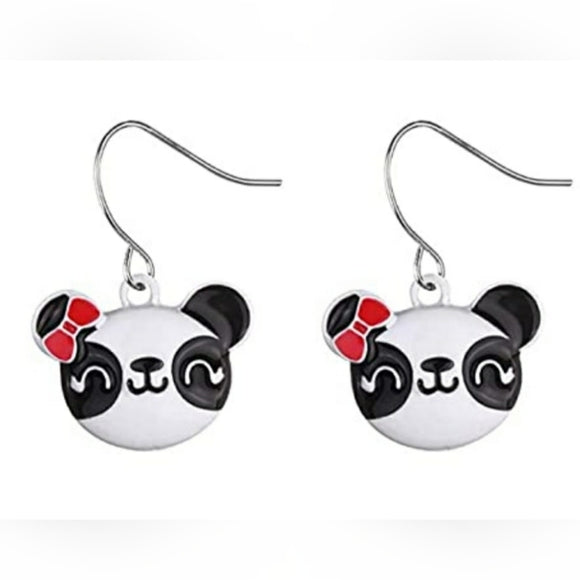 Pandas with a Red Bow l Dangle Earrings
