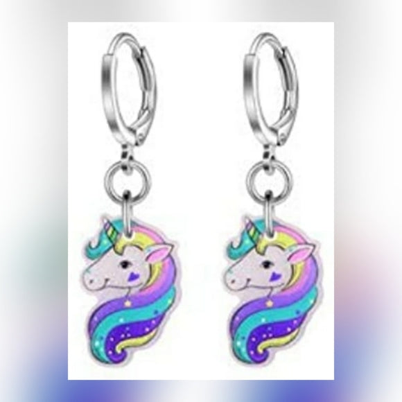 Unicorns with Rainbow Hair l Dangle Hoop Earrings