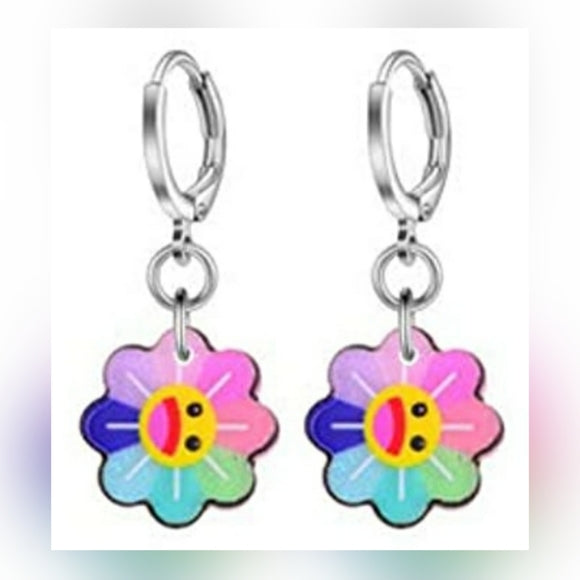 Rainbow Flowers with Smiley Face l Dangle Hoop Earrings