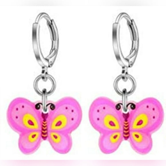 Pink Butterflies l Dangling Hoop Earrings