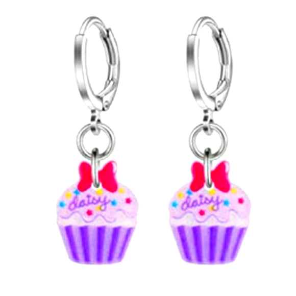 Cupcakes with "Daisy" written l Dangle Hoop Earrings