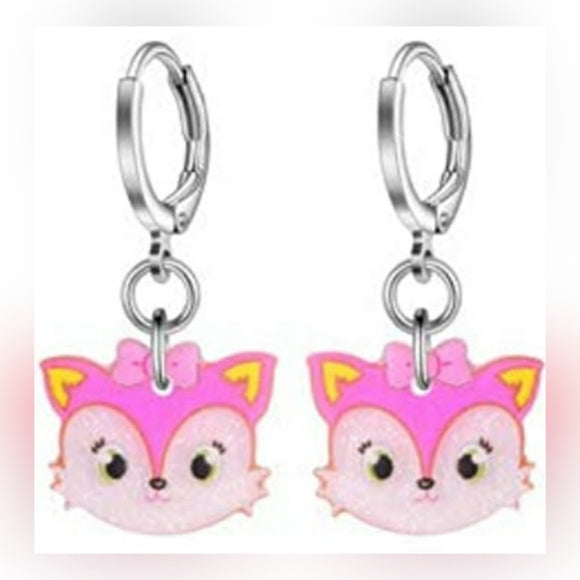 Pink Foxes with a Pink Bow l Dangle Hoop Earring